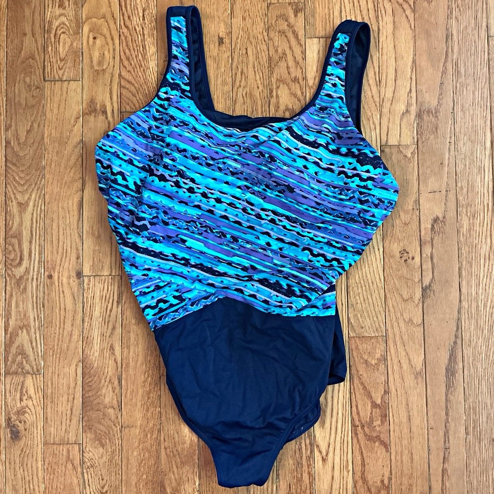 Lands' End 18W DD One Piece Swimsuit Built-In Bra Abstract Blue Wide Strap